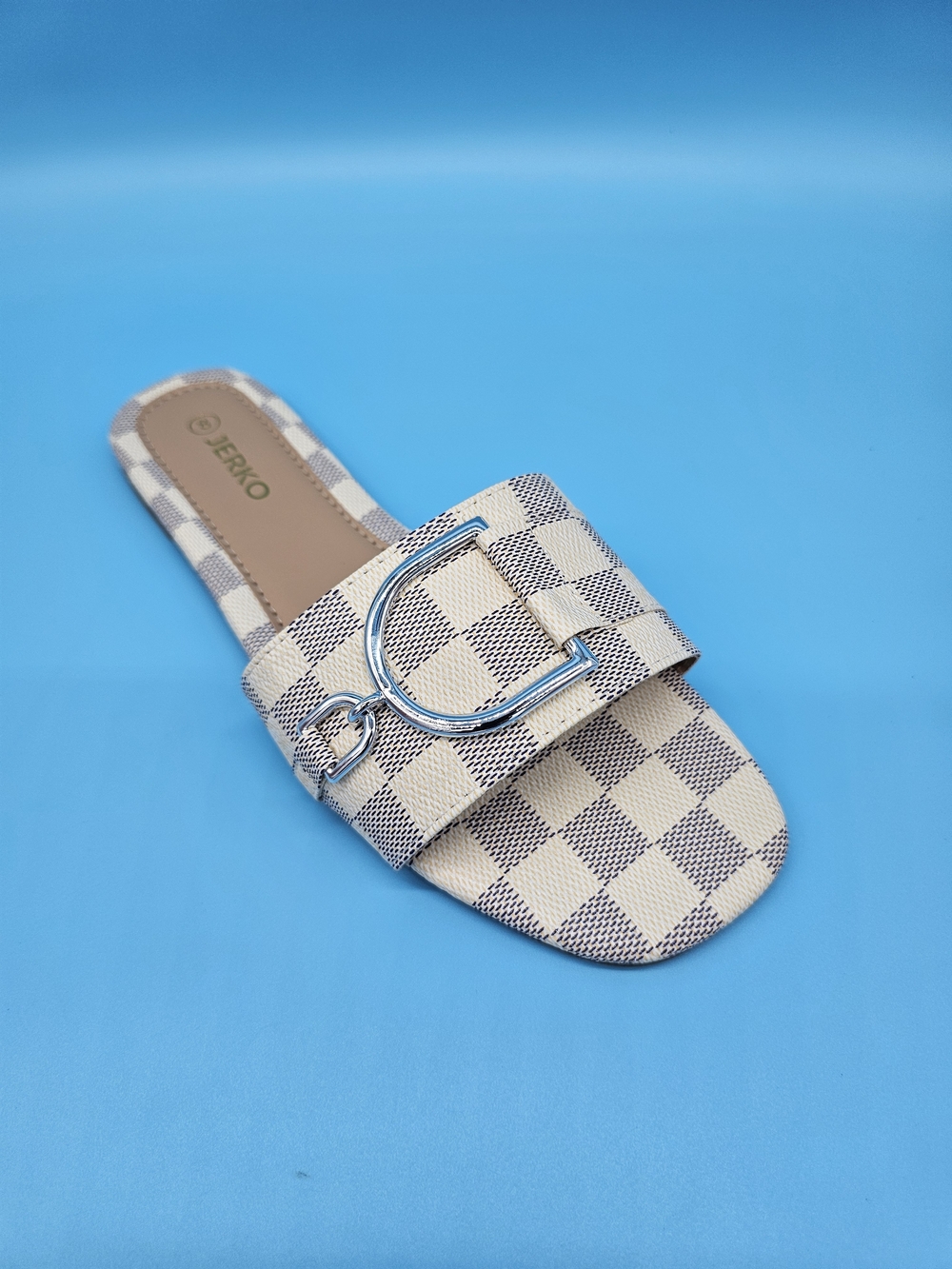 Beeko Women's Beige Check Slide Sandal with Silver Buckle